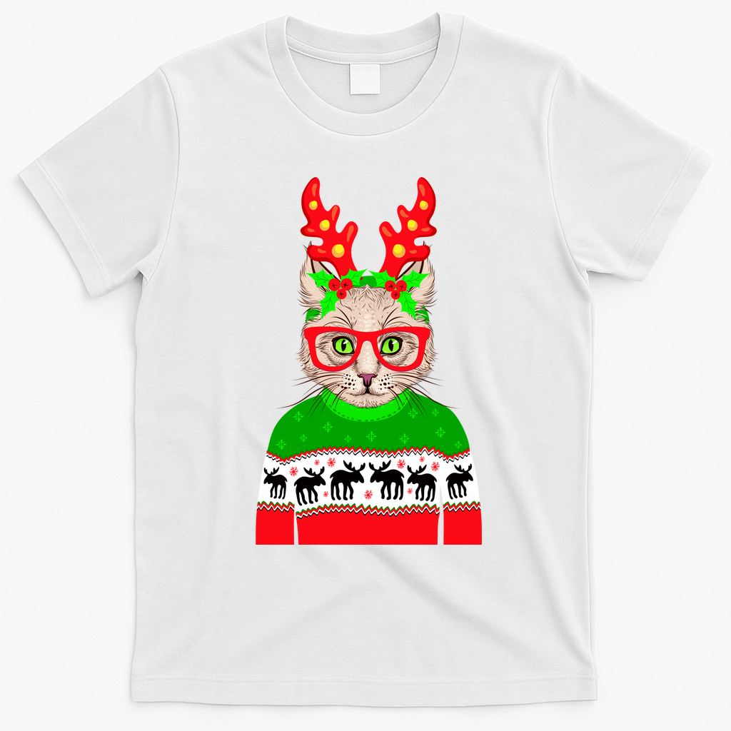 Funny Hipster Christmas Party Cat T-Shirt - White