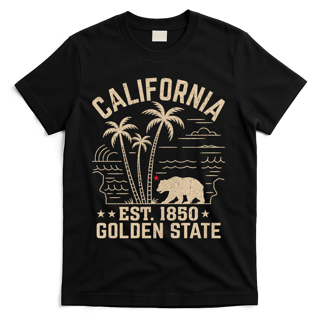 California Cali Bear Vintage EST 1850 Golden State T-Shirt - Black