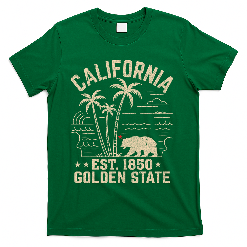 California Cali Bear Vintage EST 1850 Golden State T-Shirt - Green