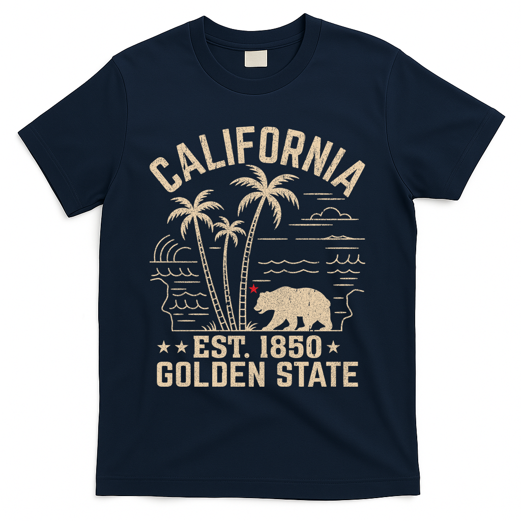 California Cali Bear Vintage EST 1850 Golden State T-Shirt - Navy