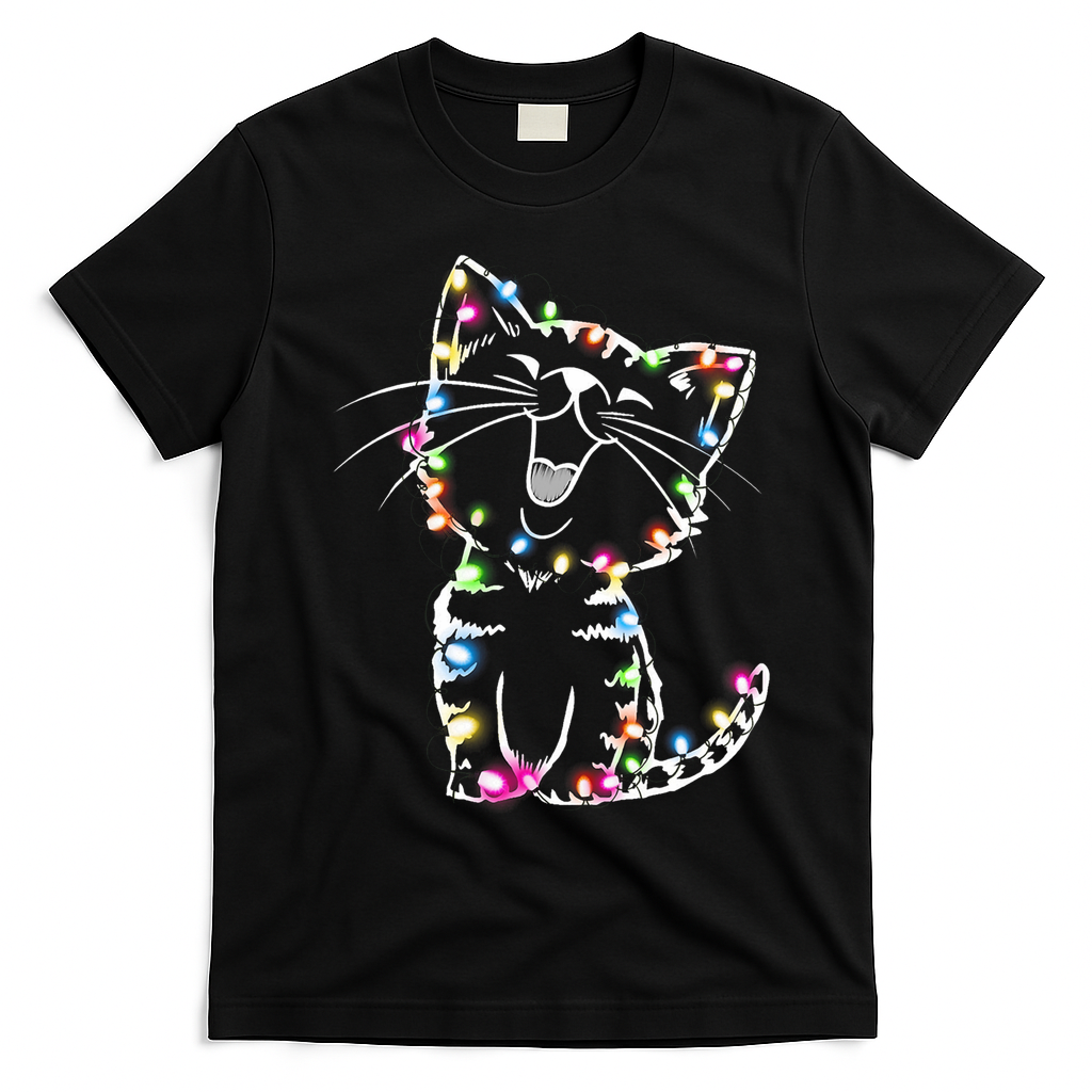 Cute Cat Christmas Lights Funny Xmas T-Shirt - Black