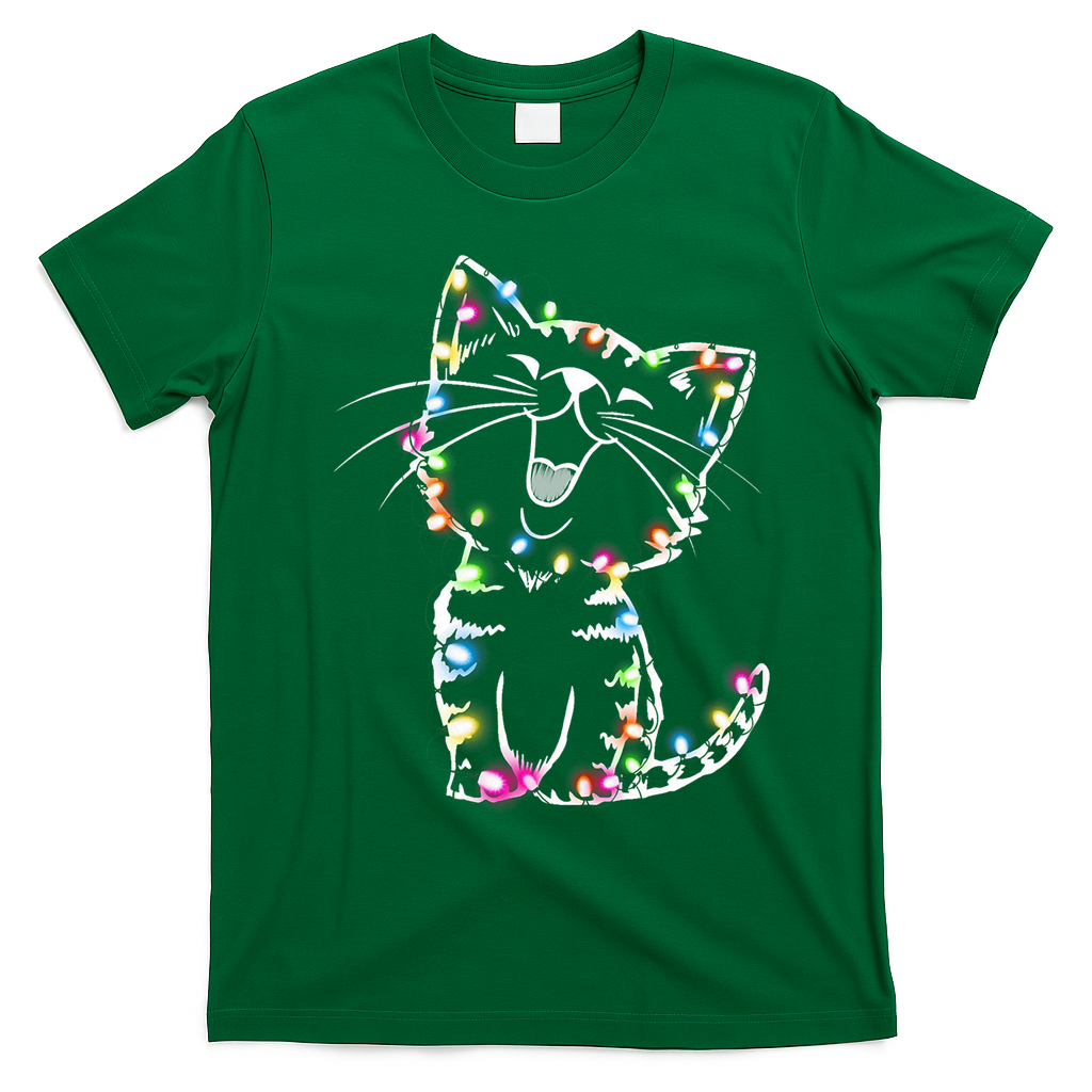 Cute Cat Christmas Lights Funny Xmas T-Shirt - Irish Green
