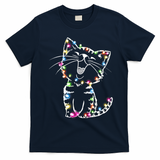 Cute Cat Christmas Lights Funny Xmas T-Shirt - Navy Blue