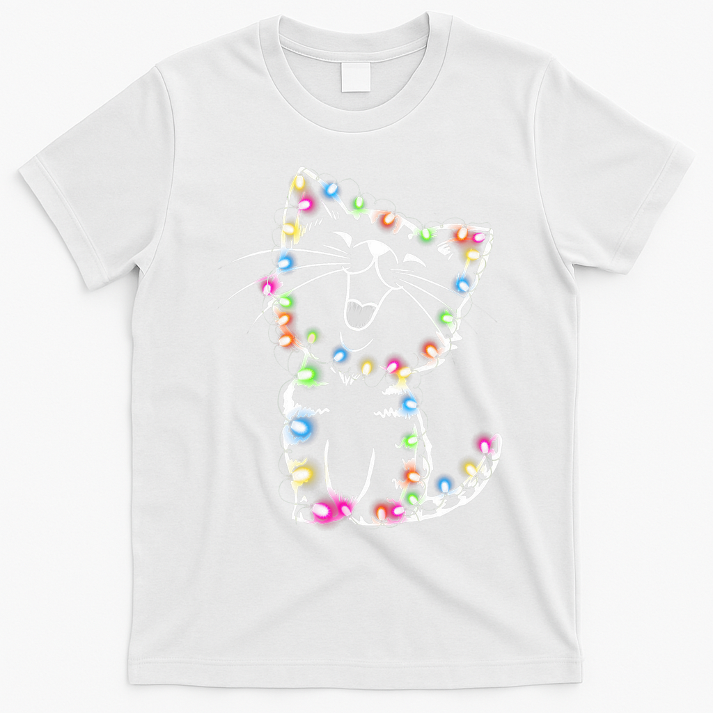 Cute Cat Christmas Lights Funny Xmas T-Shirt - White