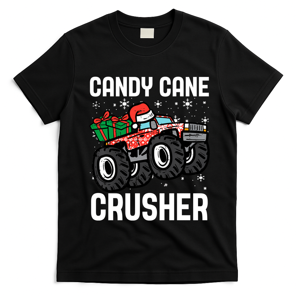 Candy Cane Crusher Christmas Monster Truck T-Shirt - Black