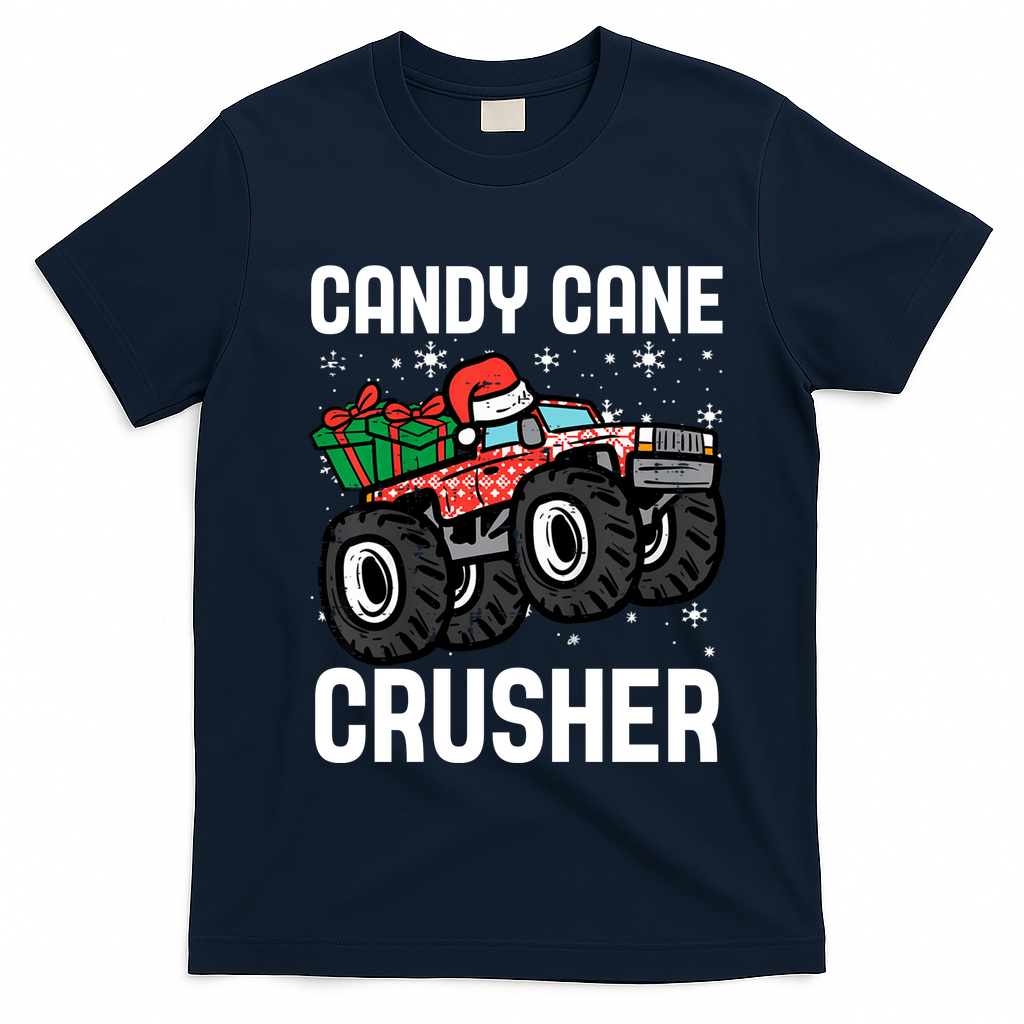 Candy Cane Crusher Christmas Monster Truck T-Shirt - Navy Blue