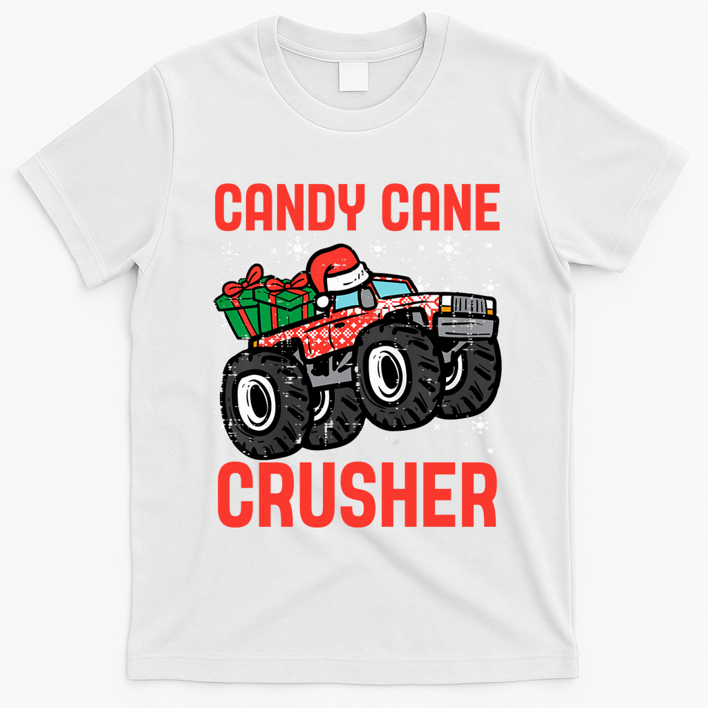 Candy Cane Crusher Christmas Monster Truck T-Shirt - White