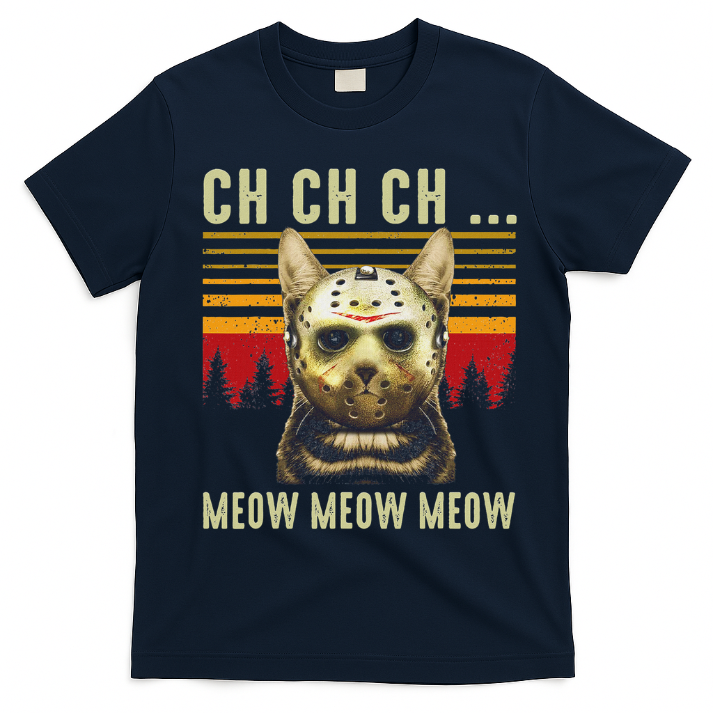 Ch Ch Ch Meow Meow Scary Friday Costume Halloween Cat T-Shirt - Navy Blue