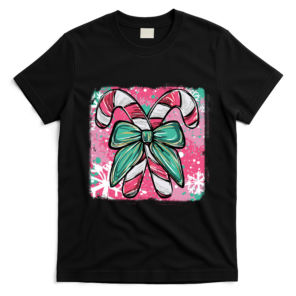 Colorful Christmas Candy Cane Festive T-Shirt - Black