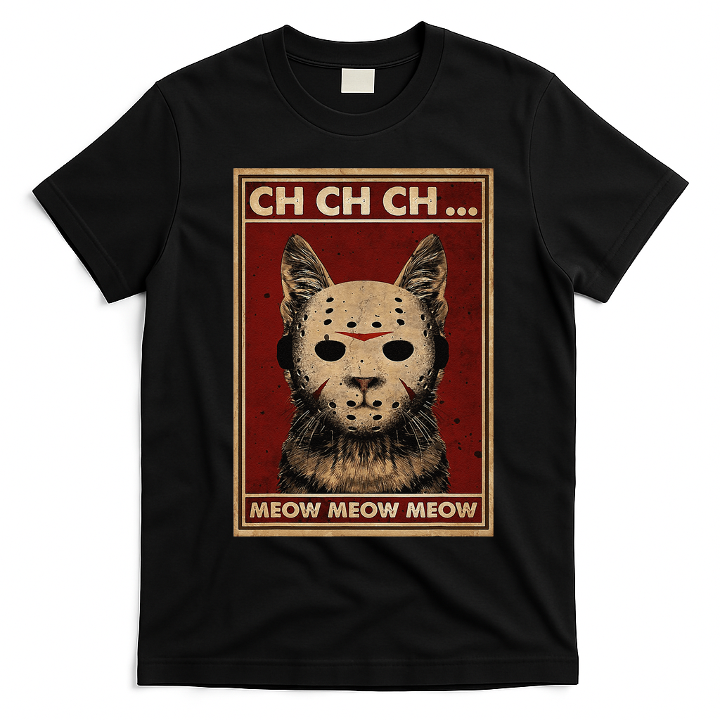 Ch Ch Ch Meow Meow Scary Halloween Cat Horror Slasher Movie T-Shirt - Black