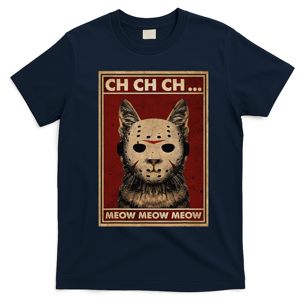 Ch Ch Ch Meow Meow Scary Halloween Cat Horror Slasher Movie T-Shirt - Navy Blue