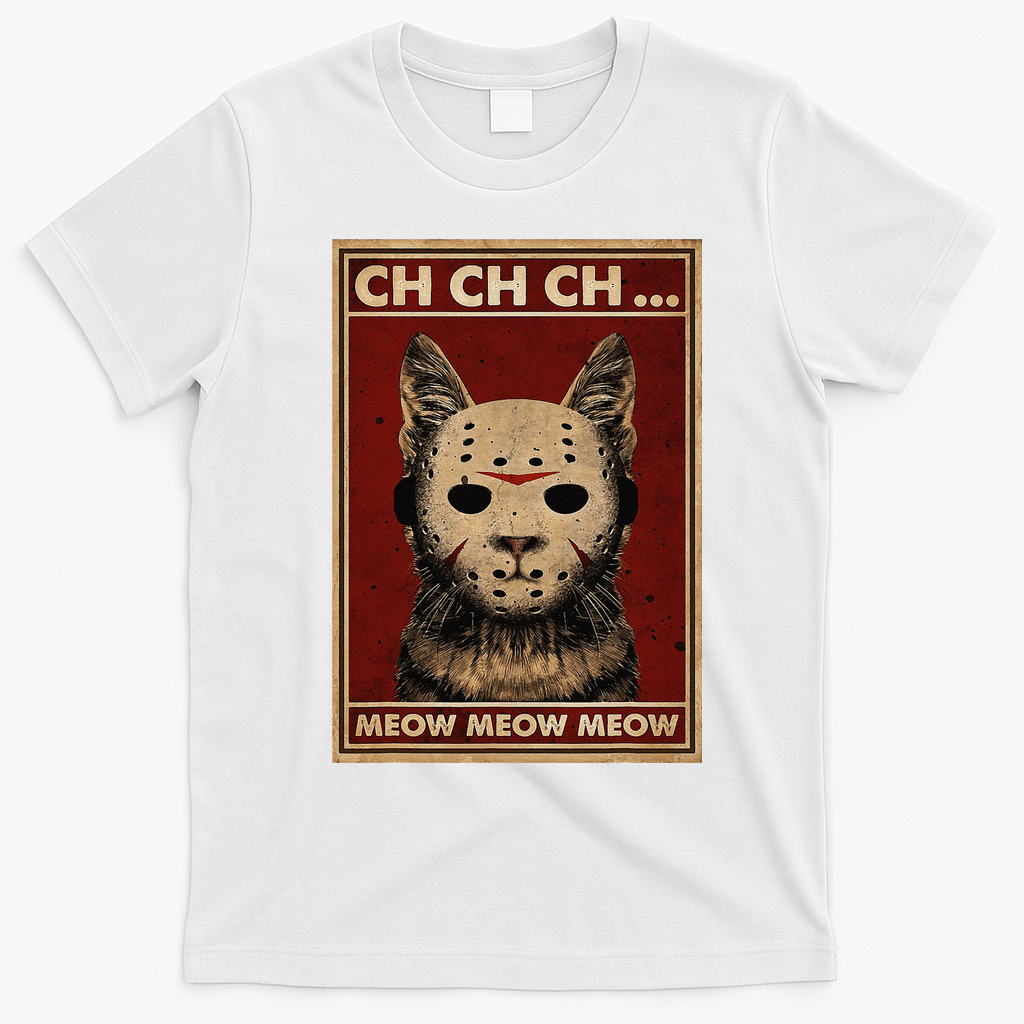 Ch Ch Ch Meow Meow Scary Halloween Cat Horror Slasher Movie T-Shirt - White