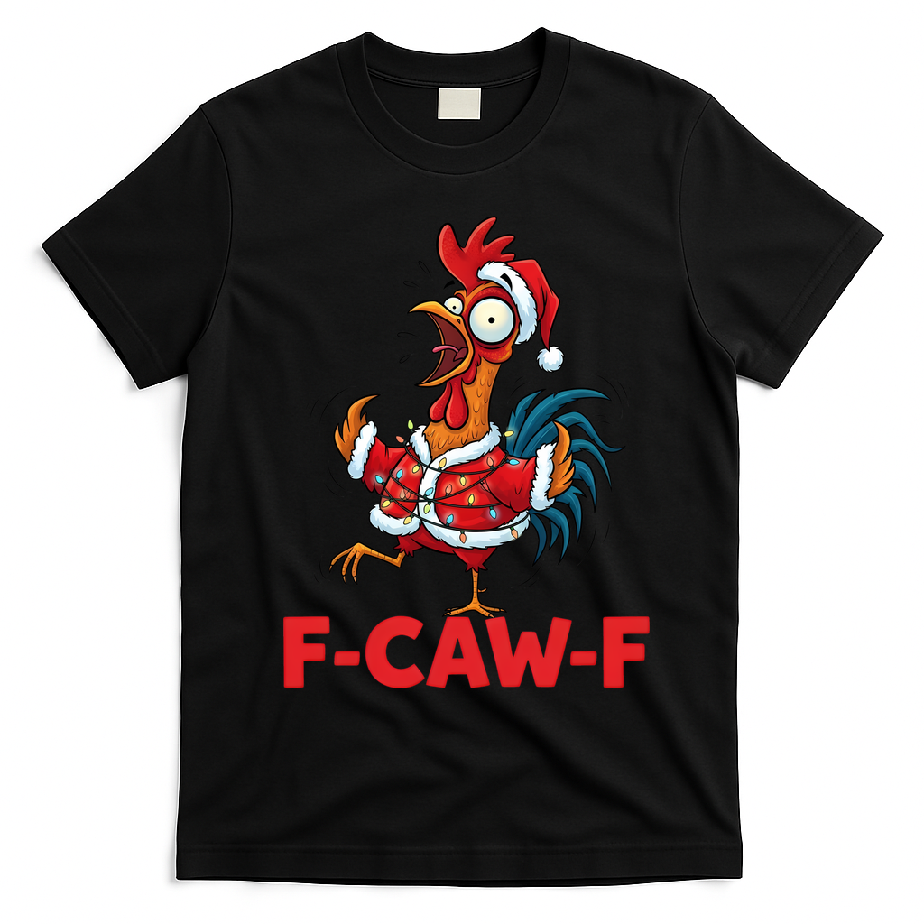 Crazy Chicken Cartoon F-Caw-F Funny Santa Chrismas T-Shirt - Black