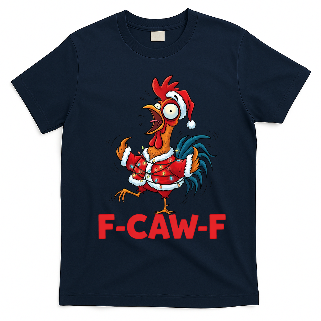 Crazy Chicken Cartoon F-Caw-F Funny Santa Chrismas T-Shirt - Navy Blue