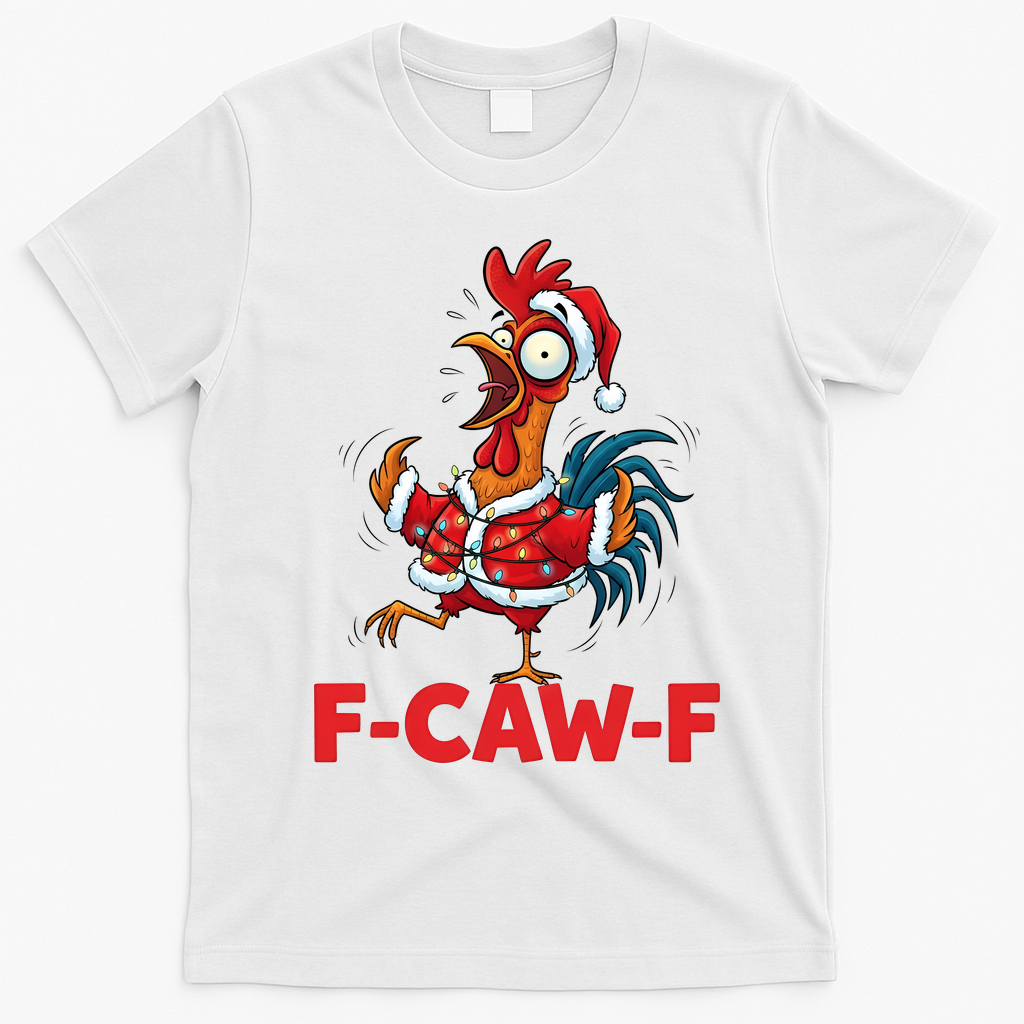 Crazy Chicken Cartoon F-Caw-F Funny Santa Chrismas T-Shirt - White