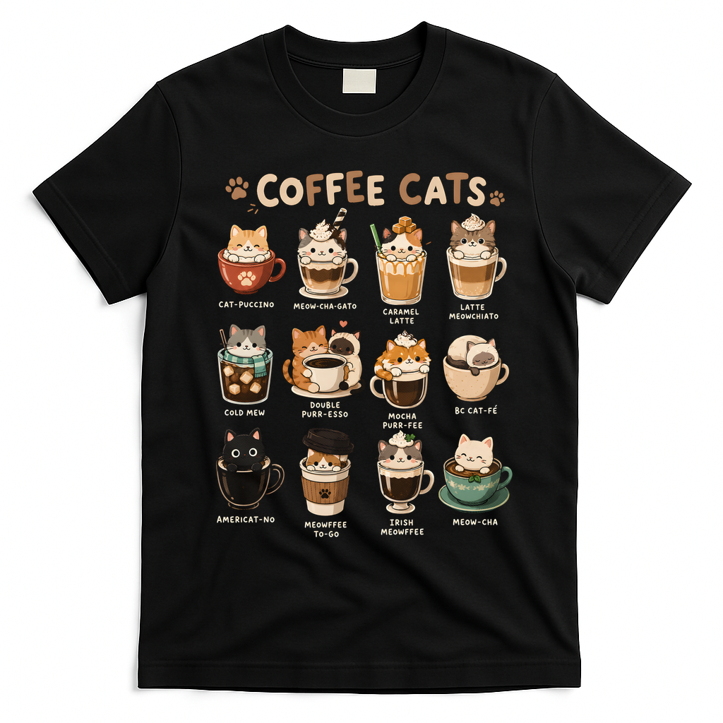 Coffee Cats Cute Cat Inspired Funny T-Shirt - Black