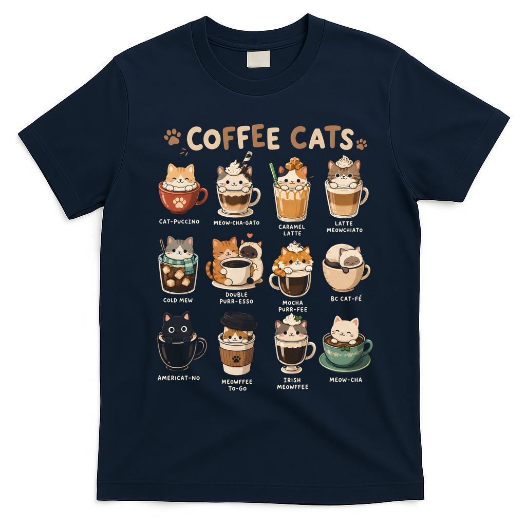 Coffee Cats Cute Cat Inspired Funny T-Shirt - Navy Blue