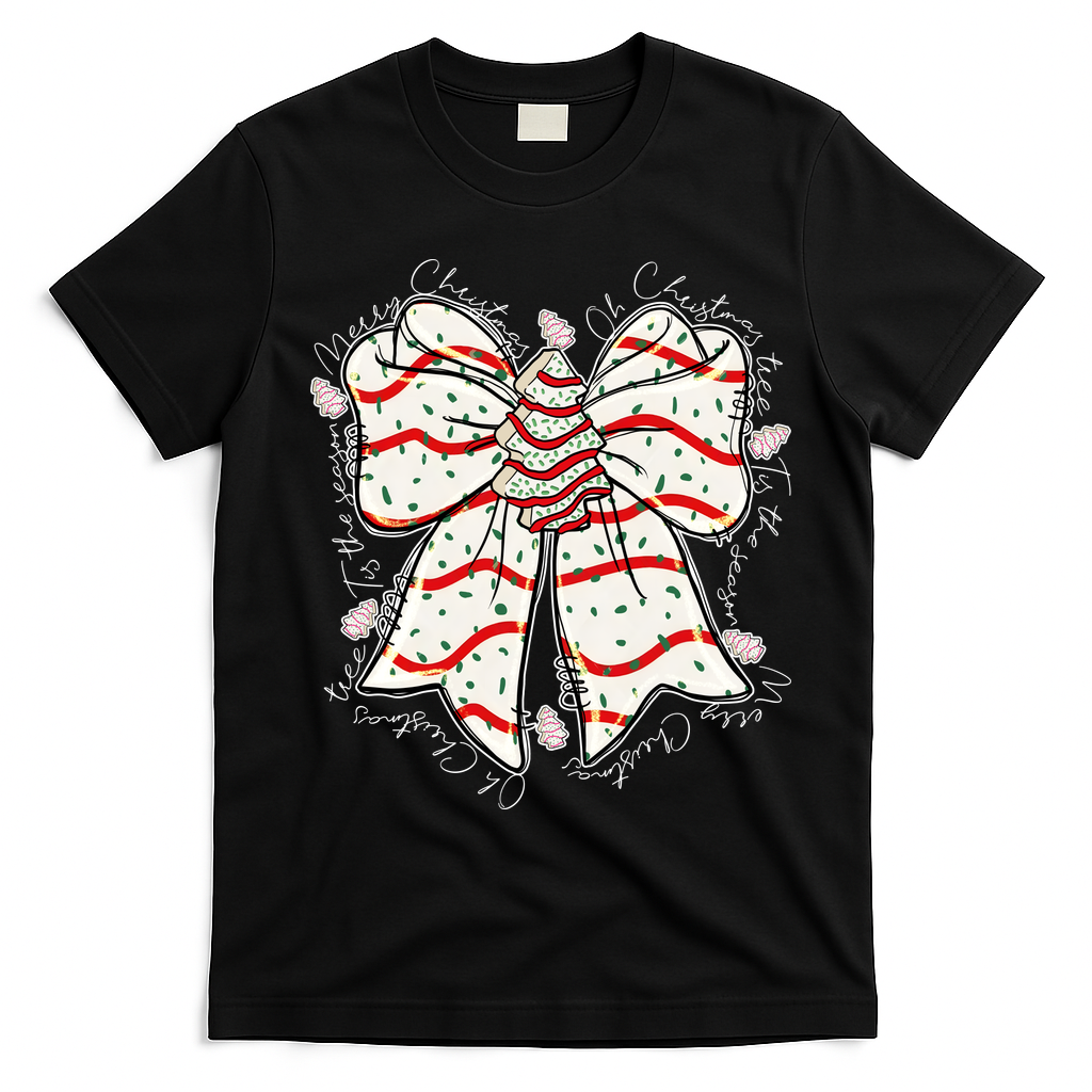 Cute Coquette Christmas Tree Cake Ribbon Bow  T-Shirt - Black