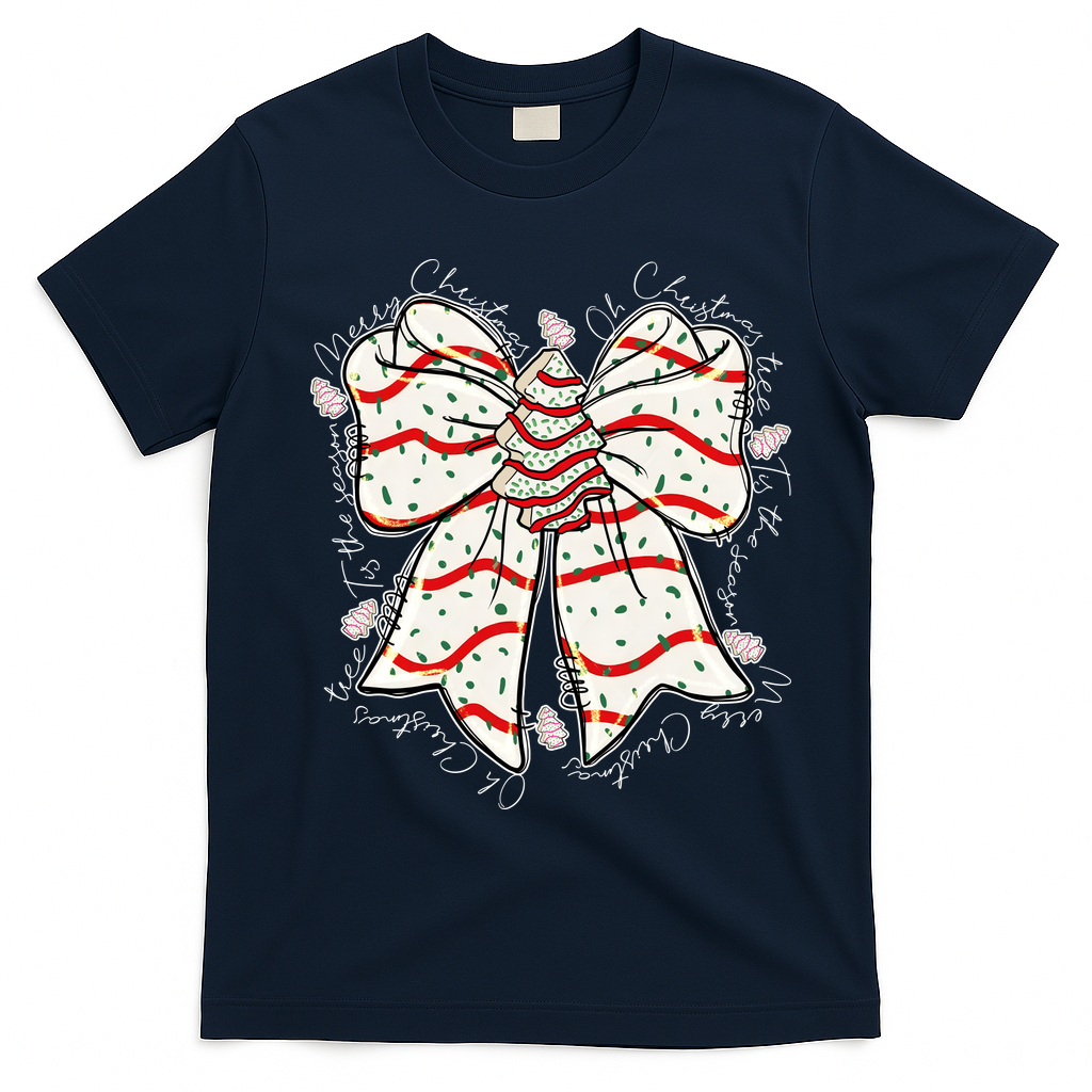 Cute Coquette Christmas Tree Cake Ribbon Bow  T-Shirt - Navy Blue