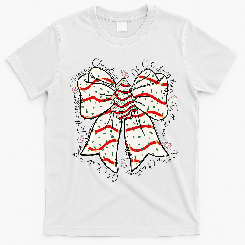 Cute Coquette Christmas Tree Cake Ribbon Bow  T-Shirt - White