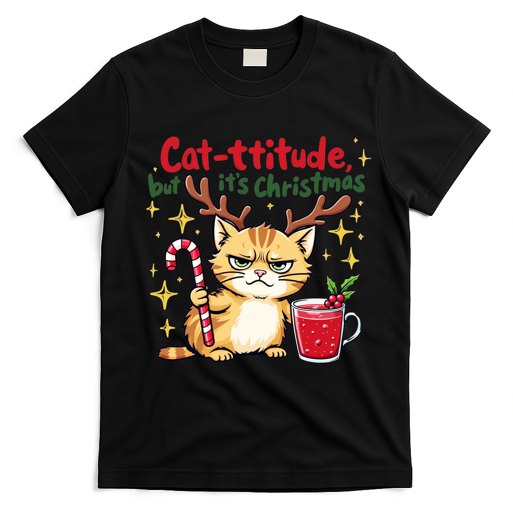 Cat-titude Christmas Cat Grumpy Cattitude Meme T-Shirt - Black