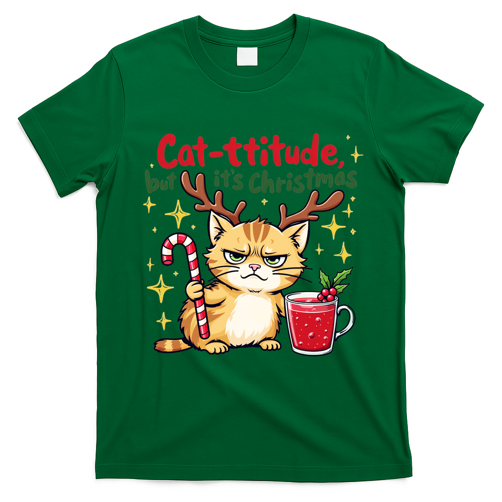 Cat-titude Christmas Cat Grumpy Cattitude Meme T-Shirt - Irish Green
