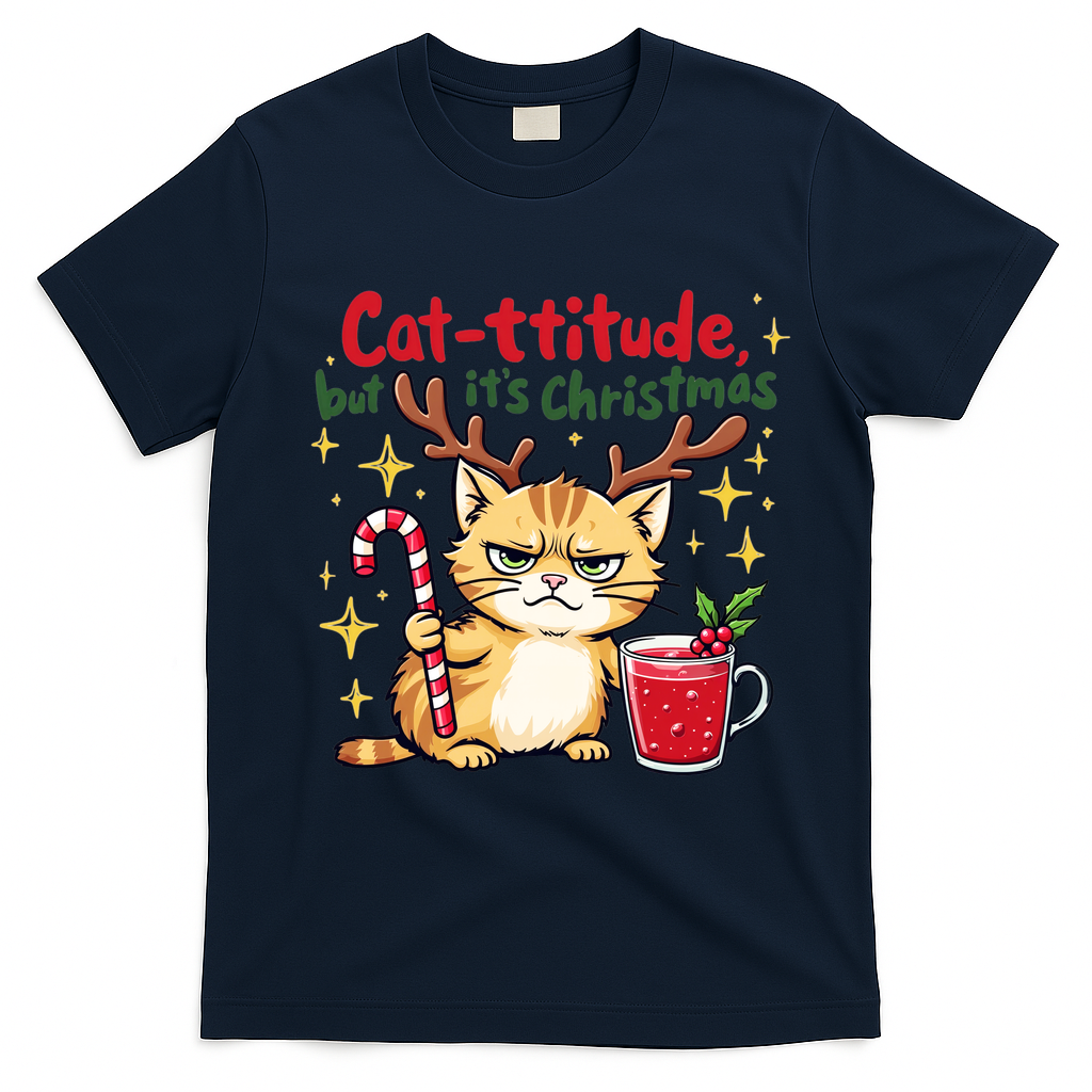 Cat-titude Christmas Cat Grumpy Cattitude Meme T-Shirt - Navy Blue