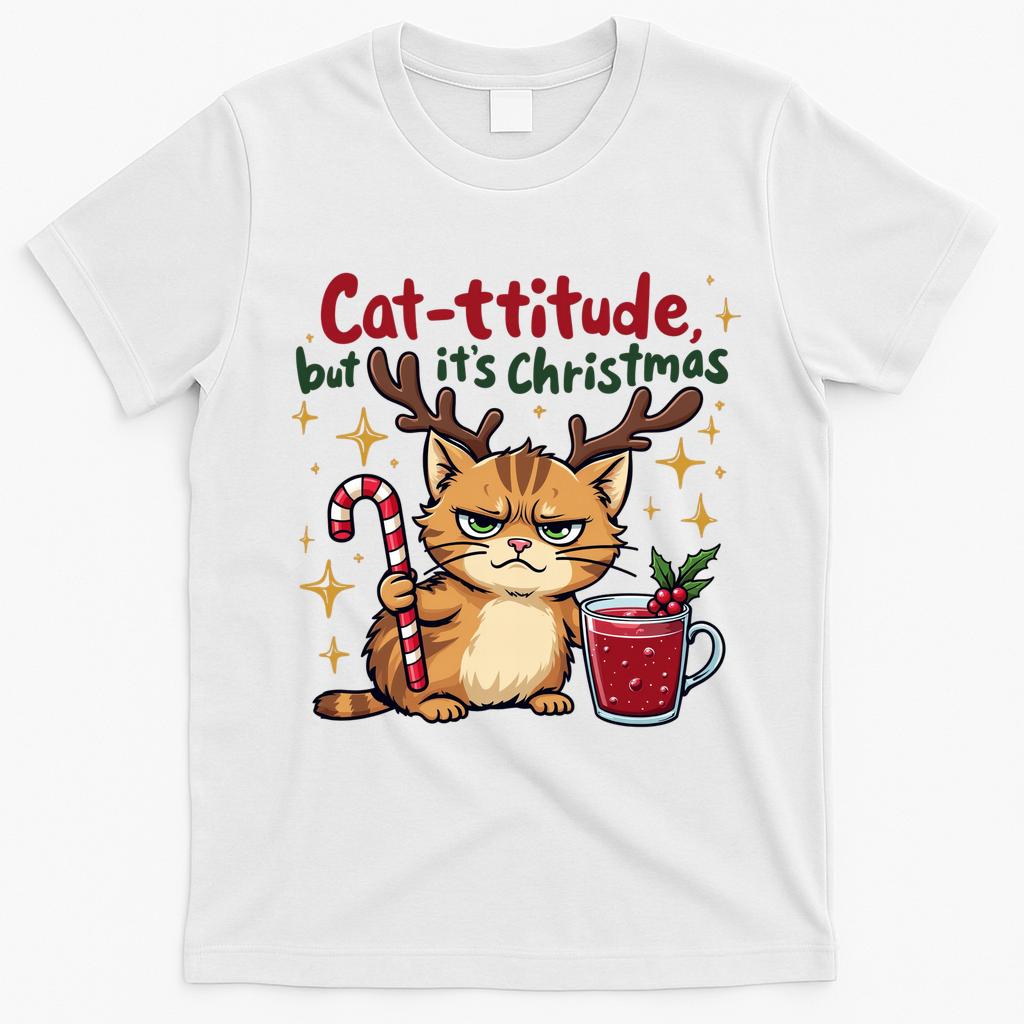 Cat-titude Christmas Cat Grumpy Cattitude Meme T-Shirt - White