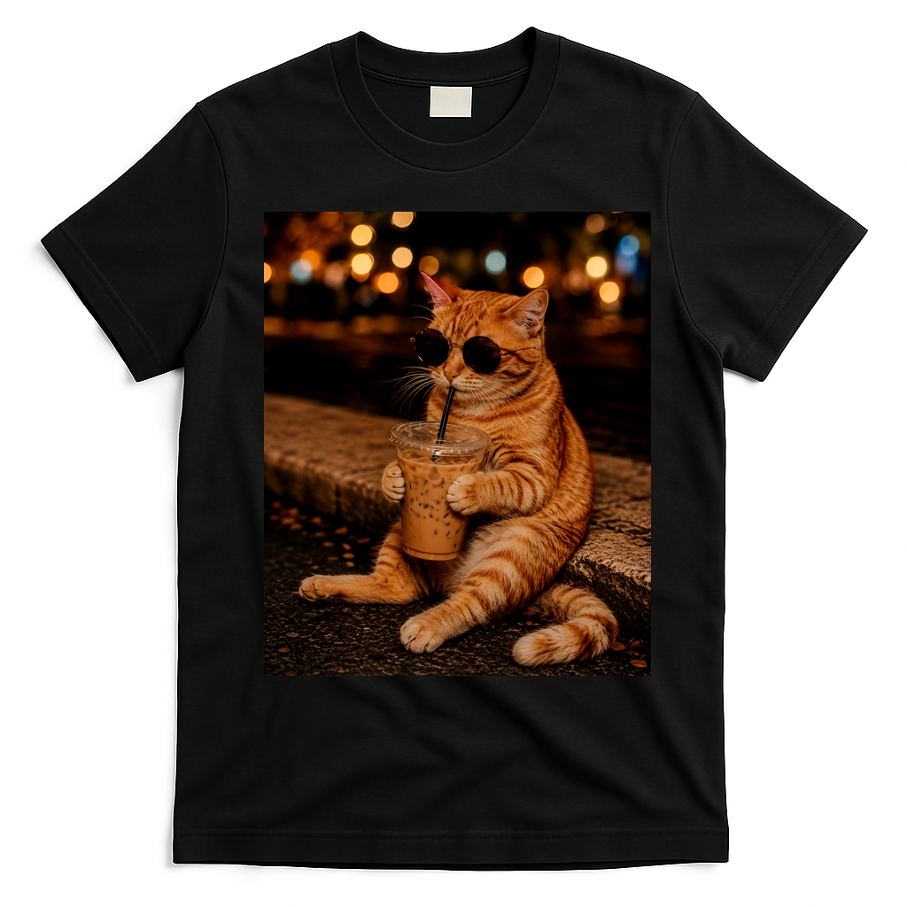Cool Cat Drinking Iced Coffee with Sunglasses T-Shirt - Black