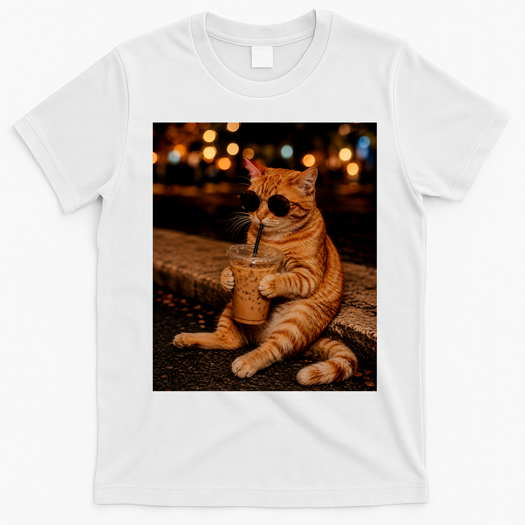 Cool Cat Drinking Iced Coffee with Sunglasses T-Shirt - White