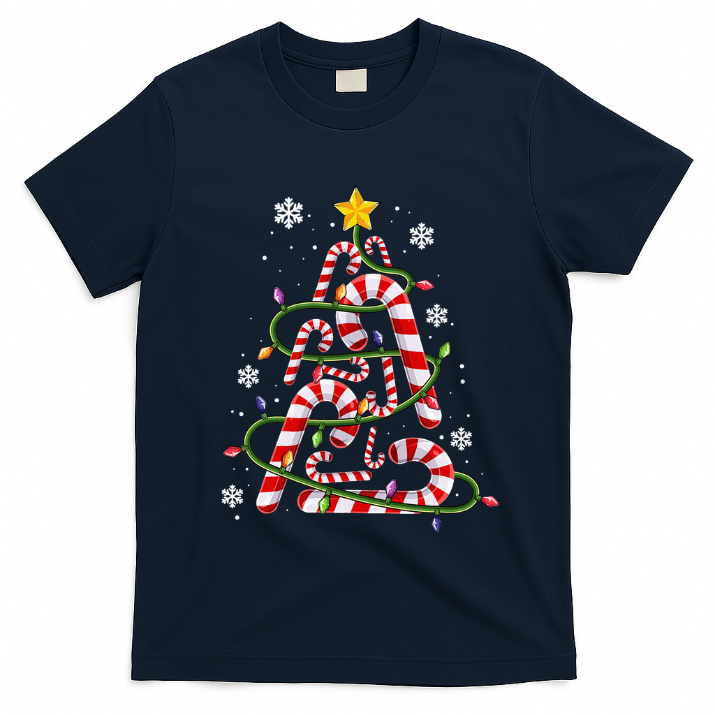Candy Cane For Family Christmas Tree Lights T-Shirt - Navy Blue