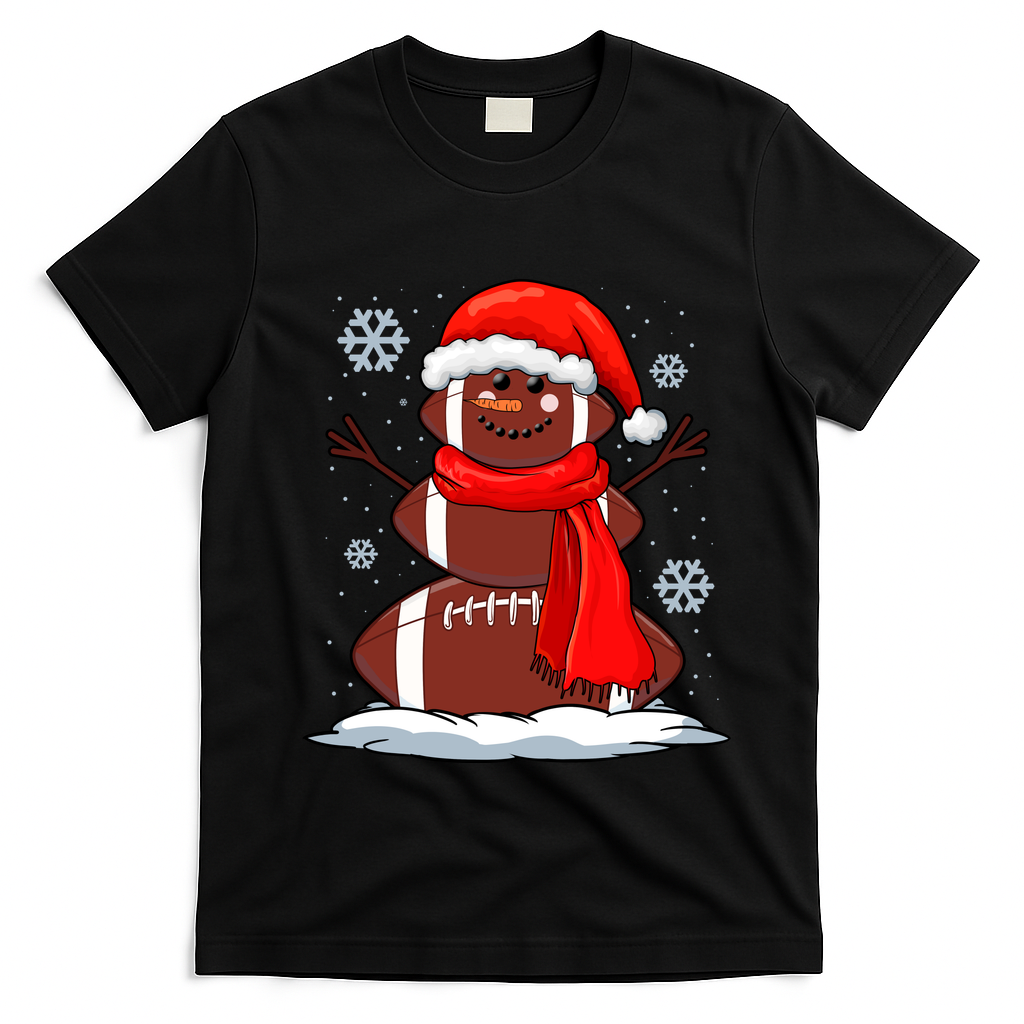 Cool Christmas Football Snowman Sports Fan T-Shirt - Black