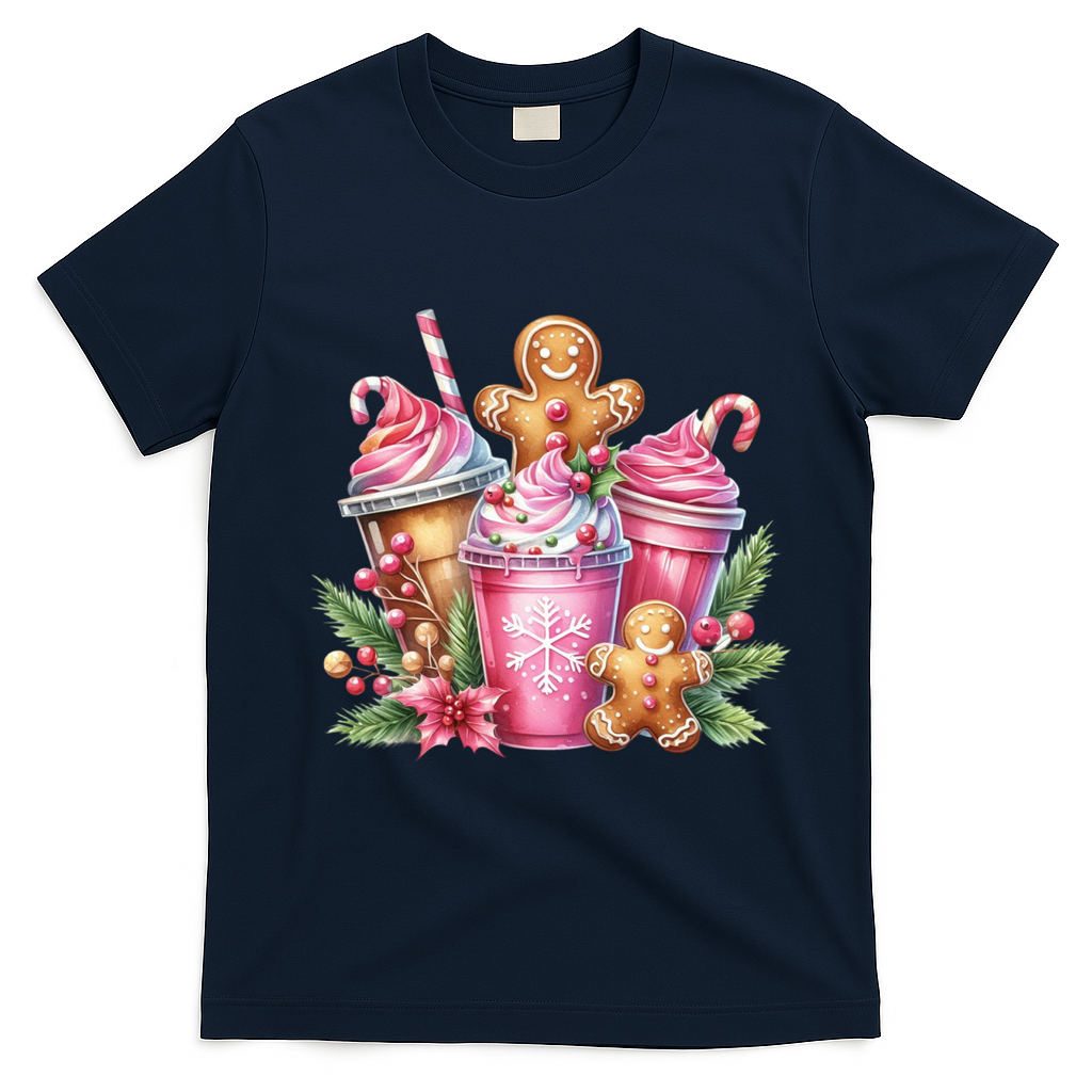 Cute Christmas Gingerbread Man Coffee Peppermint Latte T-Shirt - Navy Blue