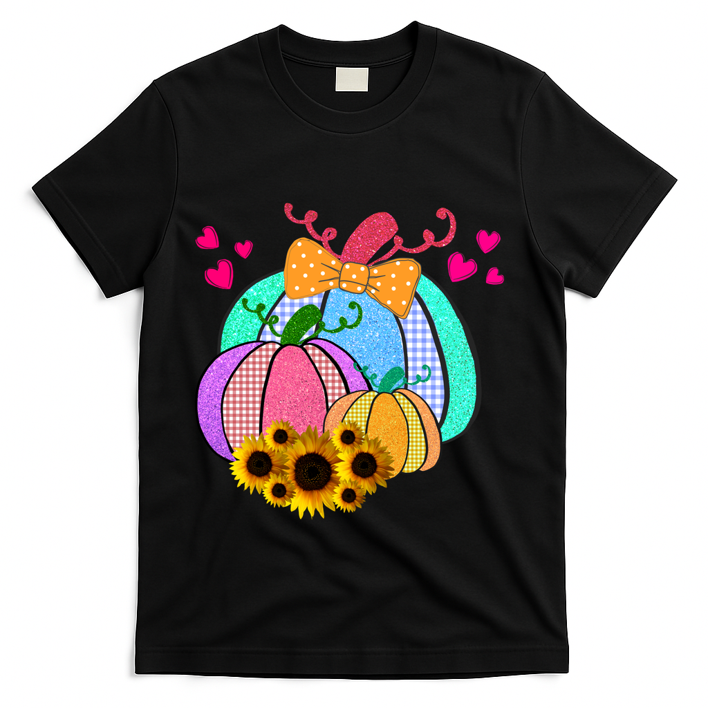 Colorful Cute Halloween Sunflower Pumpkin T-Shirt - Black