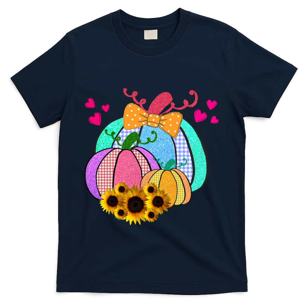 Colorful Cute Halloween Sunflower Pumpkin T-Shirt - Navy