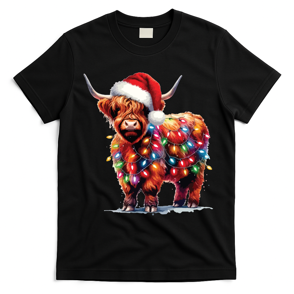 Christmas Cow Lights Cow Lover Xmas T-Shirt - Black
