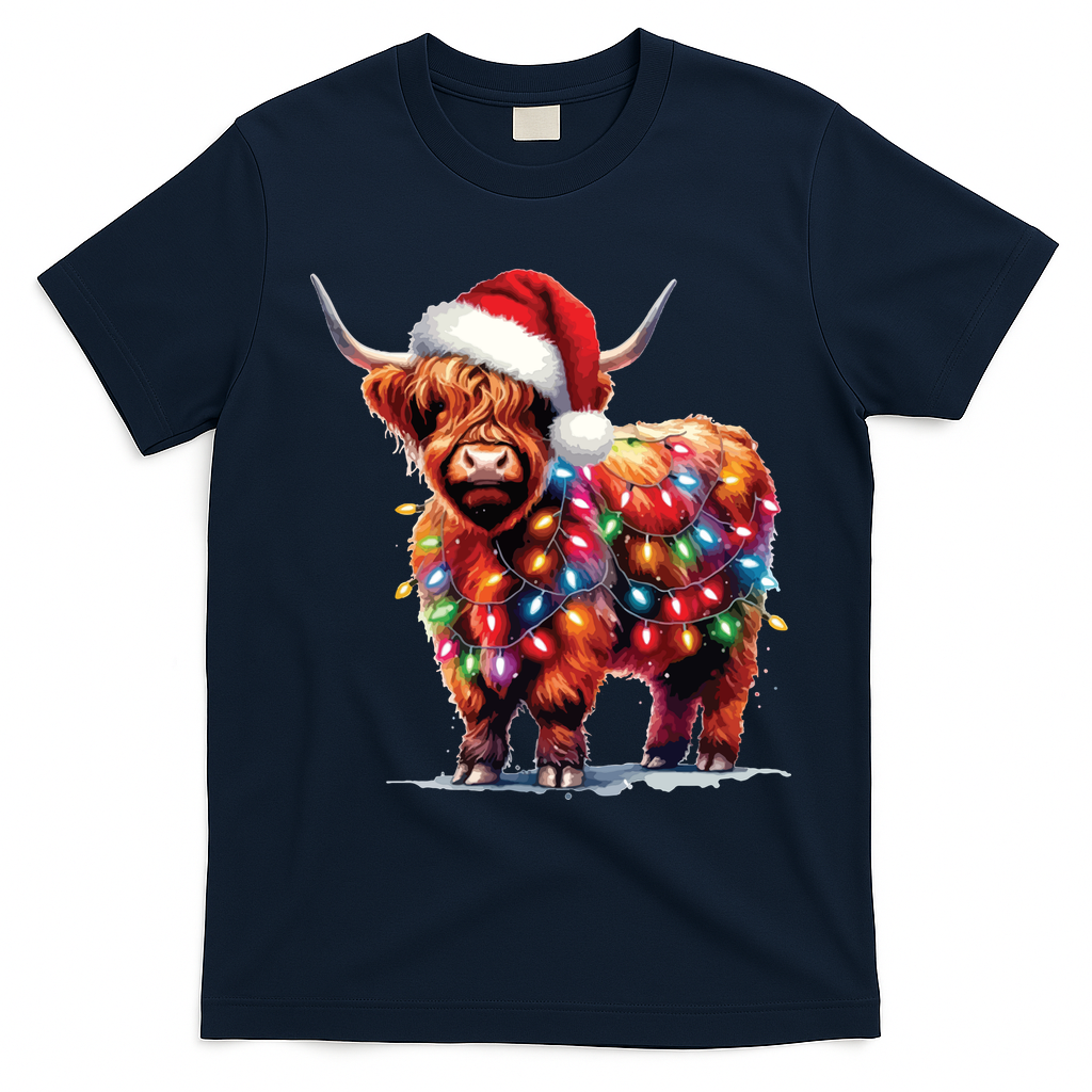 Christmas Cow Lights Cow Lover Xmas T-Shirt - Navy Blue