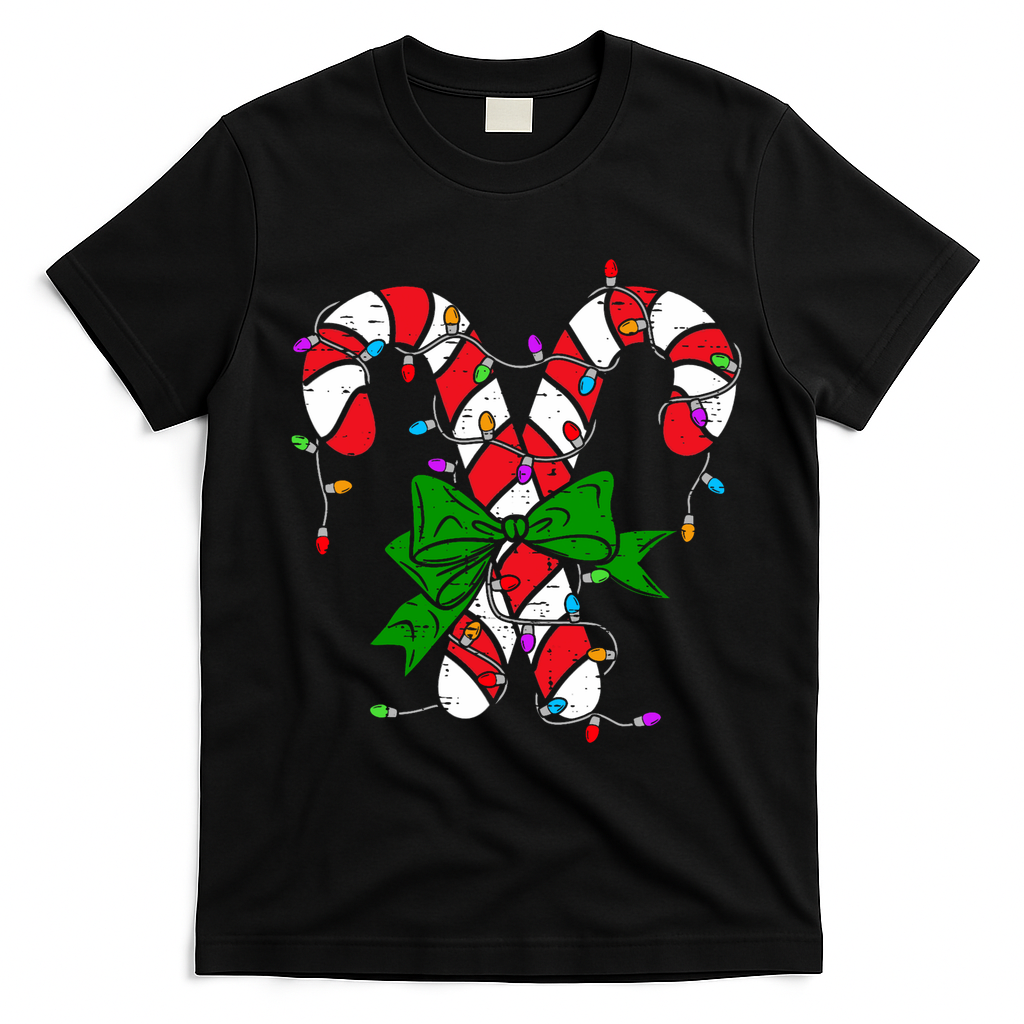 Candy Cane Merry And Bright Christmas Lights T-Shirt - Black