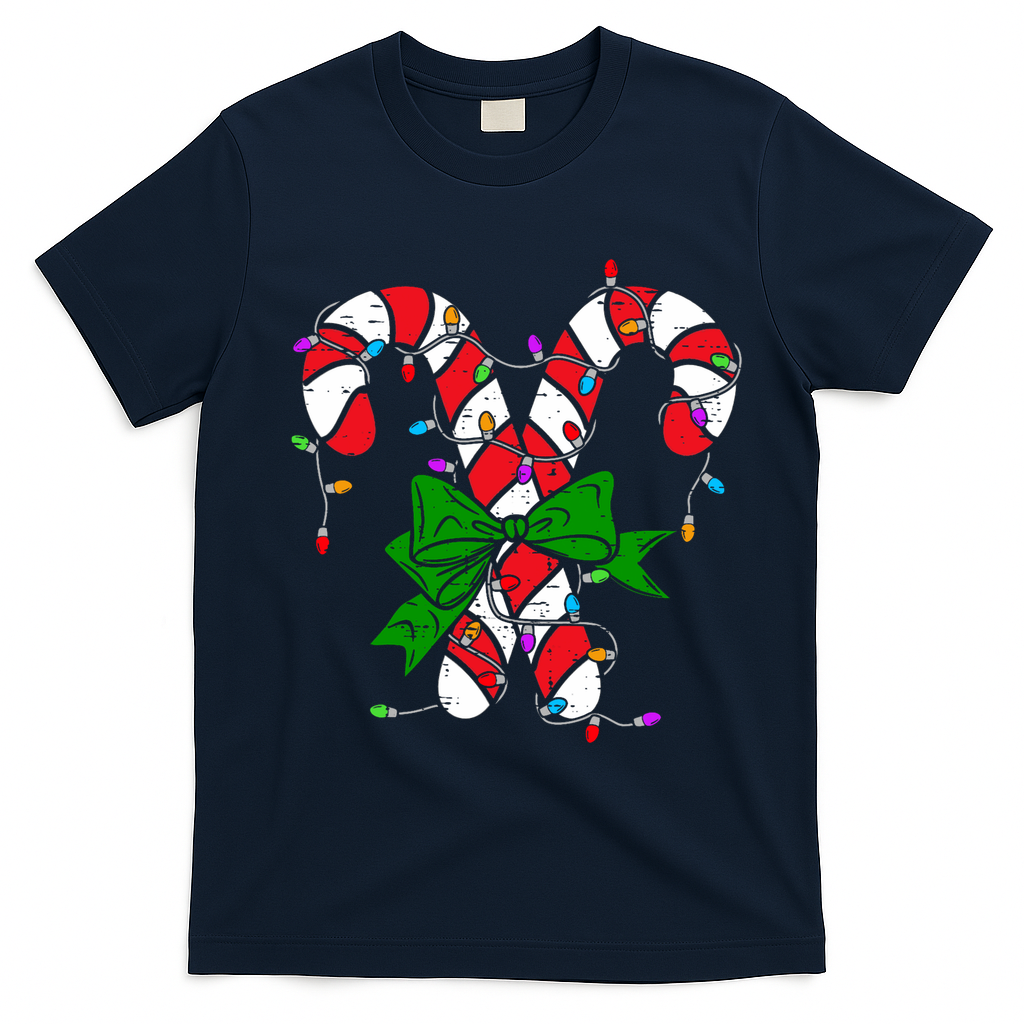 Candy Cane Merry And Bright Christmas Lights T-Shirt - Navy Blue