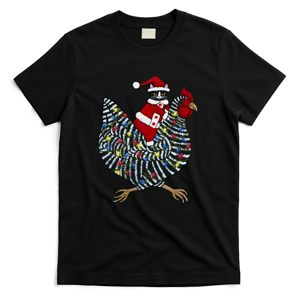 Christmas Cat on a Chicken Ride - Black
