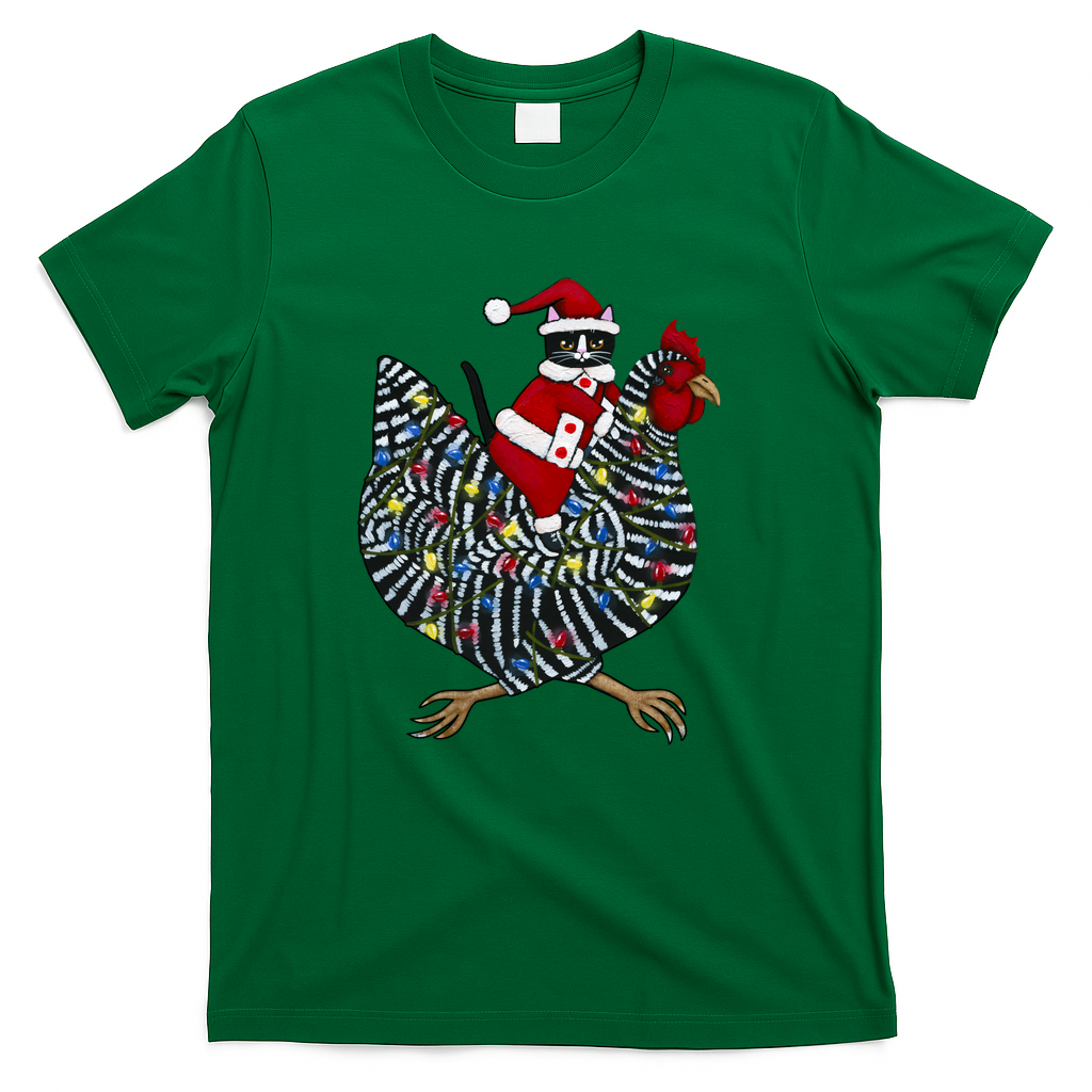 Christmas Cat on a Chicken Ride - Green