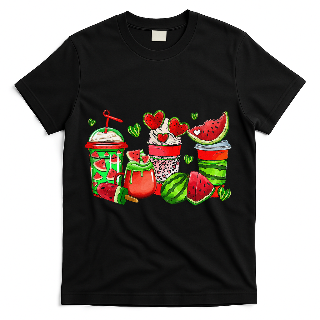 Cute Cups Of Iced Coffee Watermelon Tropical Summer Vacation T-Shirt - Black