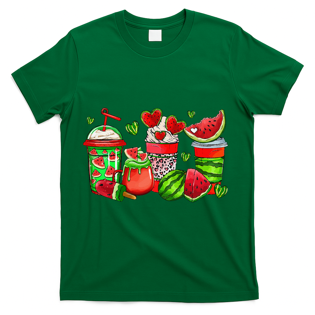 Cute Cups Of Iced Coffee Watermelon Tropical Summer Vacation T-Shirt - Green