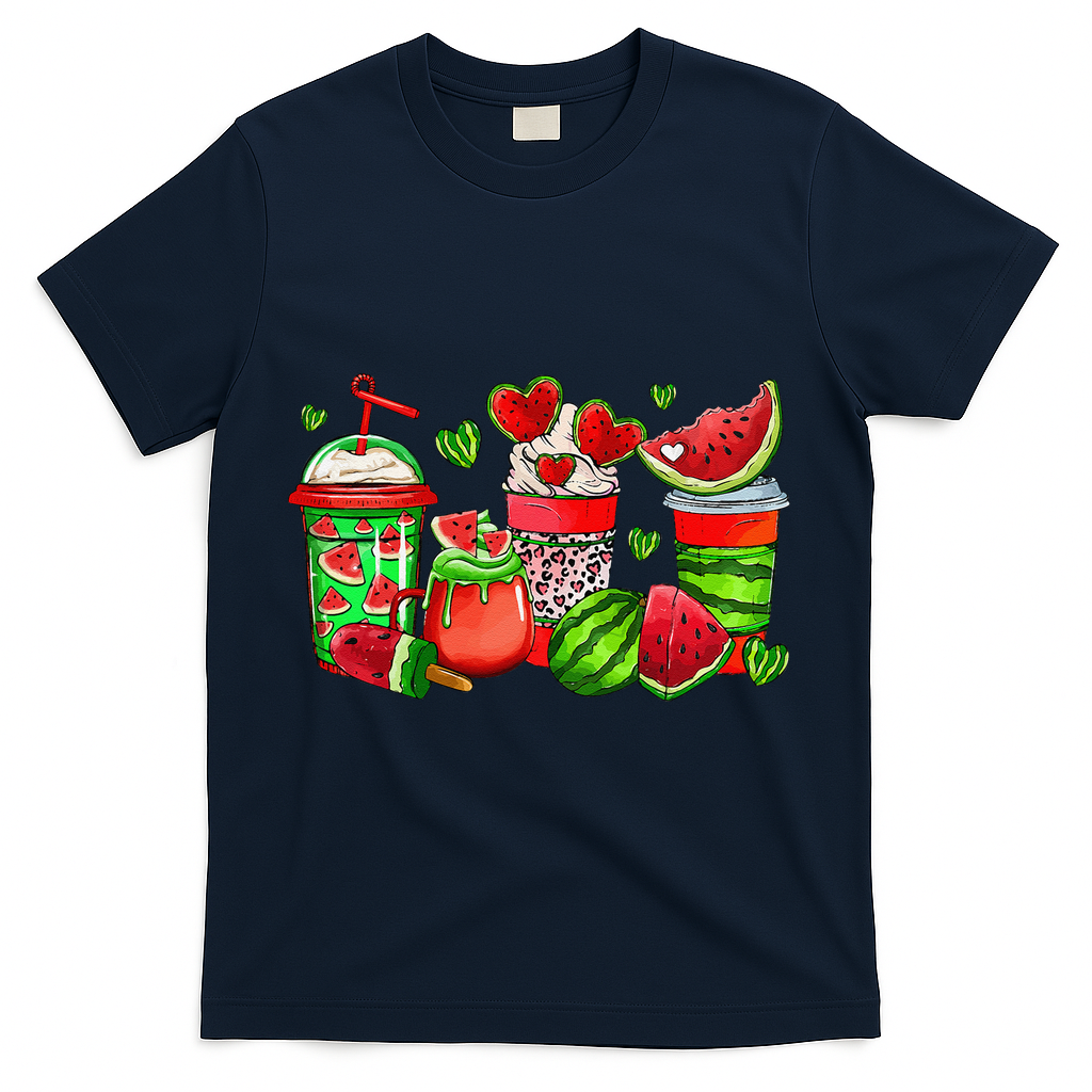Cute Cups Of Iced Coffee Watermelon Tropical Summer Vacation T-Shirt - Navy