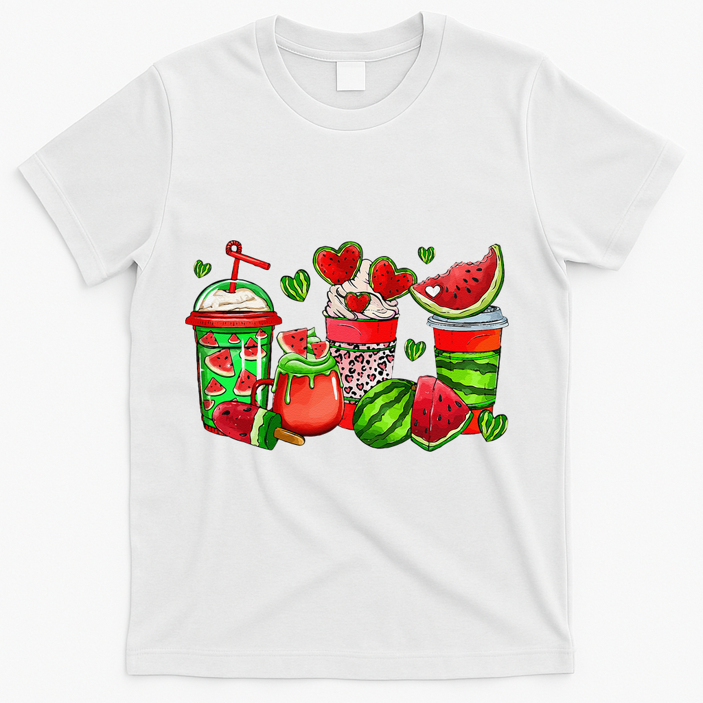 Cute Cups Of Iced Coffee Watermelon Tropical Summer Vacation T-Shirt - White