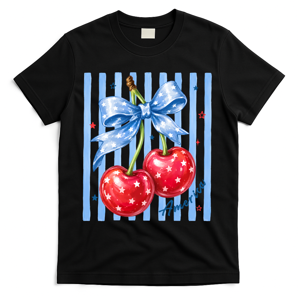 Cute Coquette Patriotic USA America Red White Blue Cherries T-Shirt - Black