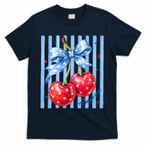 Cute Coquette Patriotic USA America Red White Blue Cherries T-Shirt - Navy