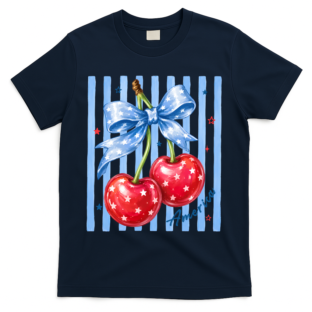 Cute Coquette Patriotic USA America Red White Blue Cherries T-Shirt - Navy