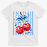 Cute Coquette Patriotic USA America Red White Blue Cherries T-Shirt - White