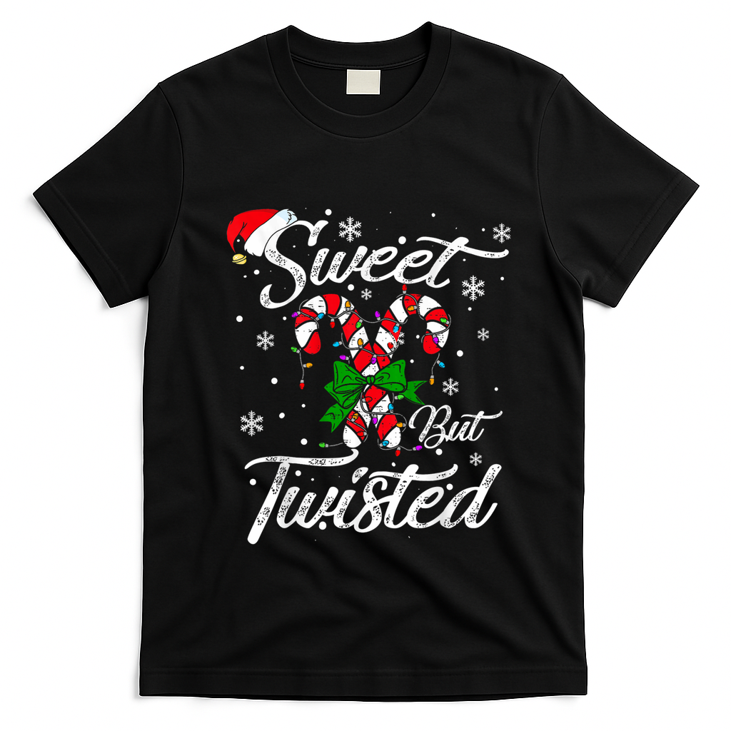Candy Cane Sweet But Twisted Funny Merry Christmas Xmas T-Shirt - Black